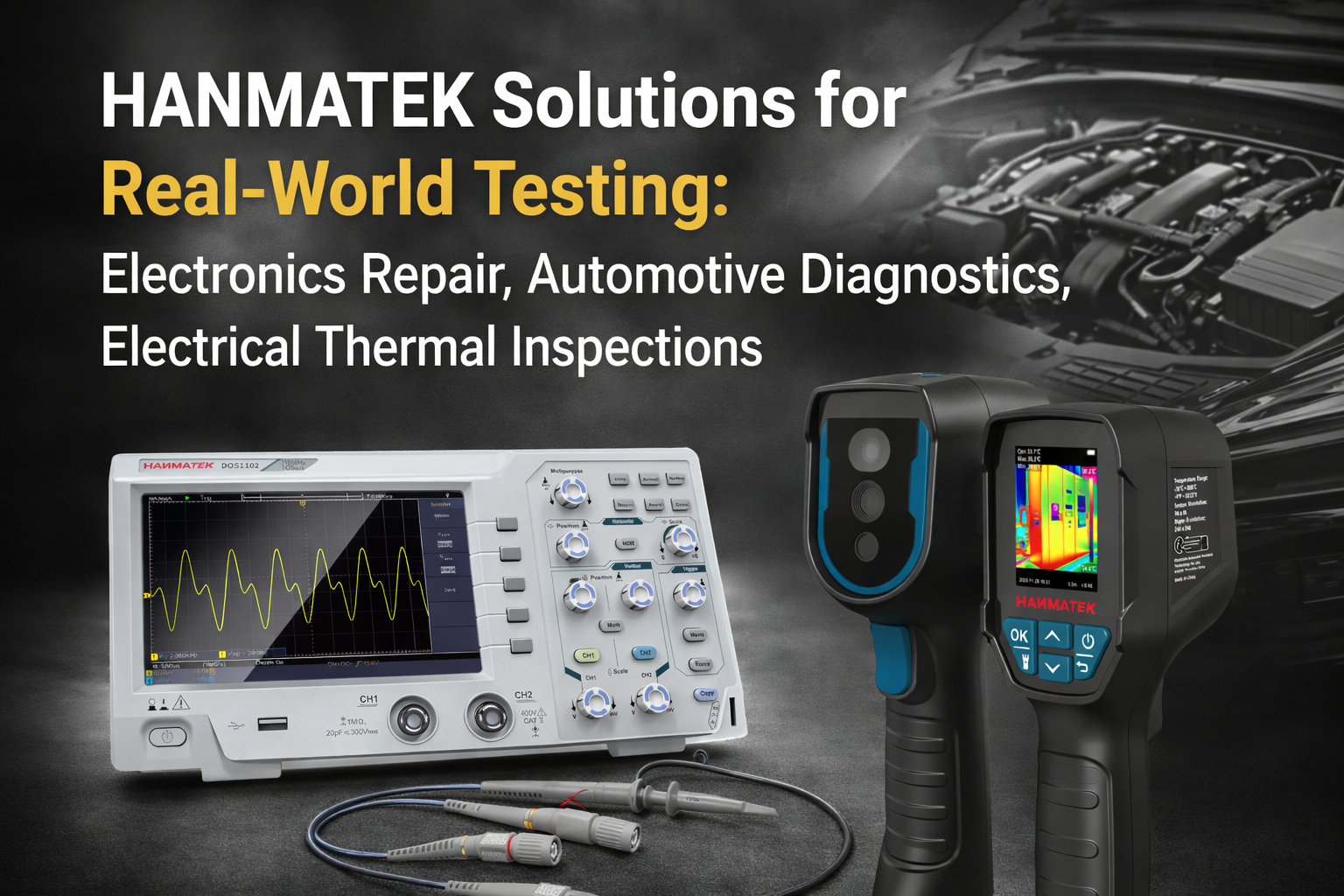 HANMATEK Solutions for Real-World Testing: tools for electronics repair and automotive diagnostics.