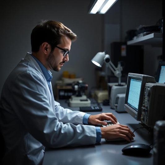 Engineer using benchtop oscilloscope in laboratory with waveform on display