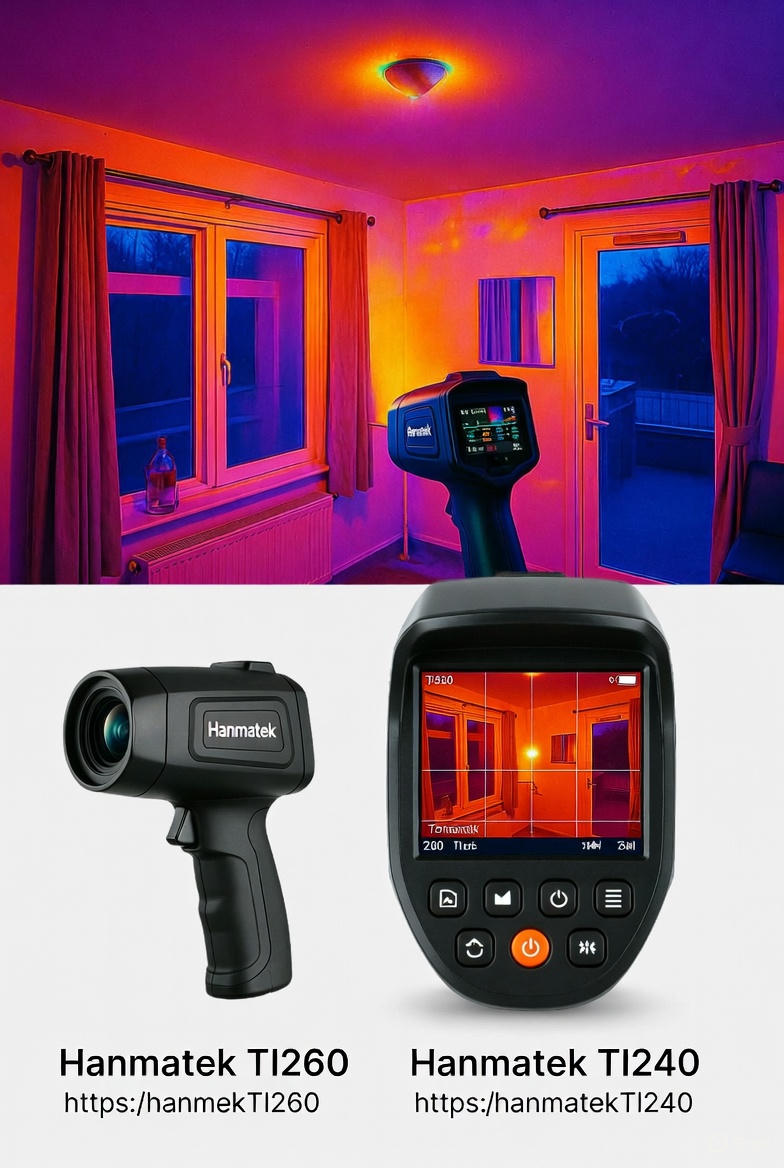 A thermal camera capturing images of a home interior to identify heat loss, mold, and leaks using a Thermal Camera.