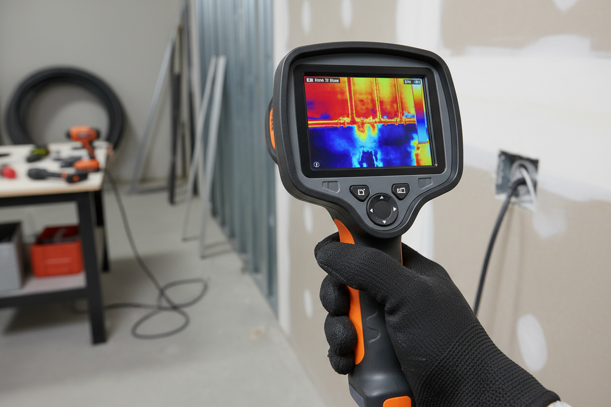 Hand holding infrared camera detecting pipe leakage in wall using thermal imaging