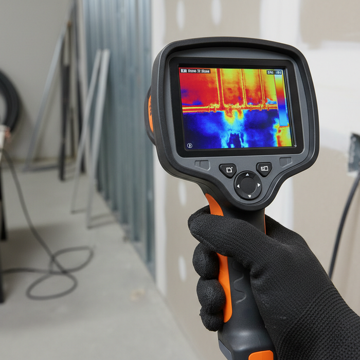 Hand holding infrared camera detecting pipe leakage in wall using thermal imaging