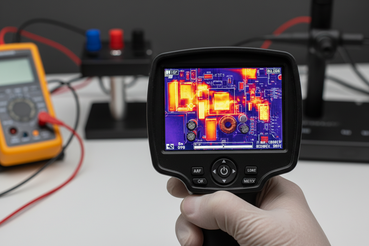 Infrared camera analyzing heat on a power supply circuit board in a lab setting