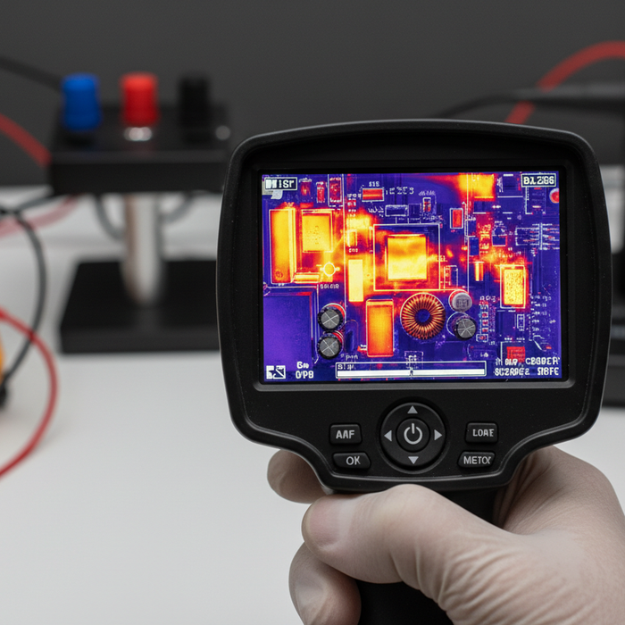 Infrared camera analyzing heat on a power supply circuit board in a lab setting