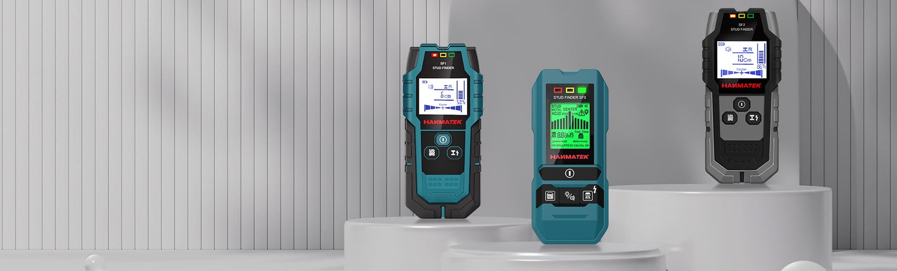 Hanmatek SF1 and SF2 wall scanners displayed on stands with digital screens showcasing their features.