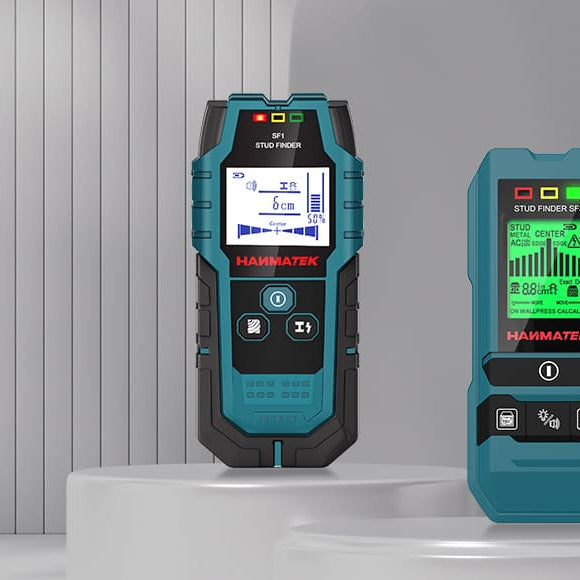 Hanmatek SF1 and SF2 wall scanners displayed on stands with digital screens showcasing their features.