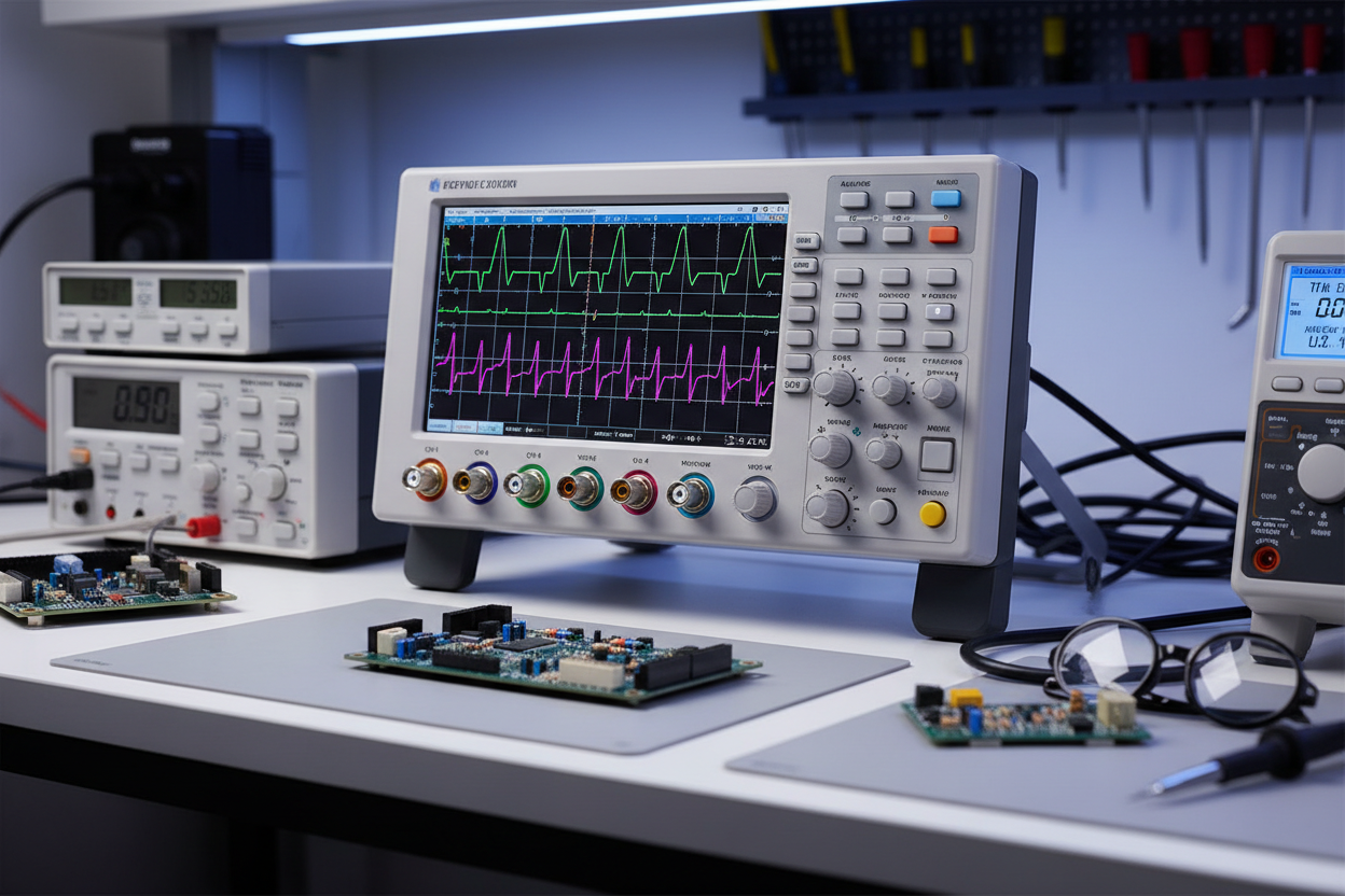 Best Benchtop Oscilloscope displayed on a lab table with electronic components and testing equipment.