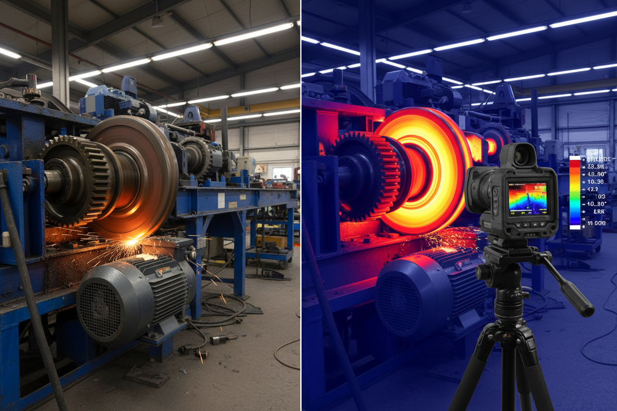Thermal camera detecting heat and friction on rotating industrial mechanical equipment
