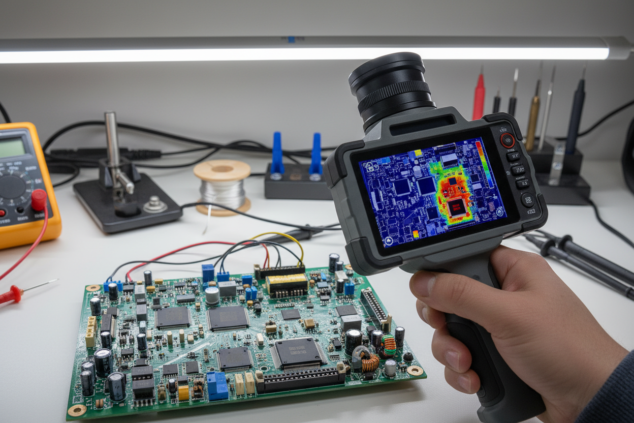 Thermal Camera used for detailed PCB inspection and debugging with temperature readings displayed on the monitor.