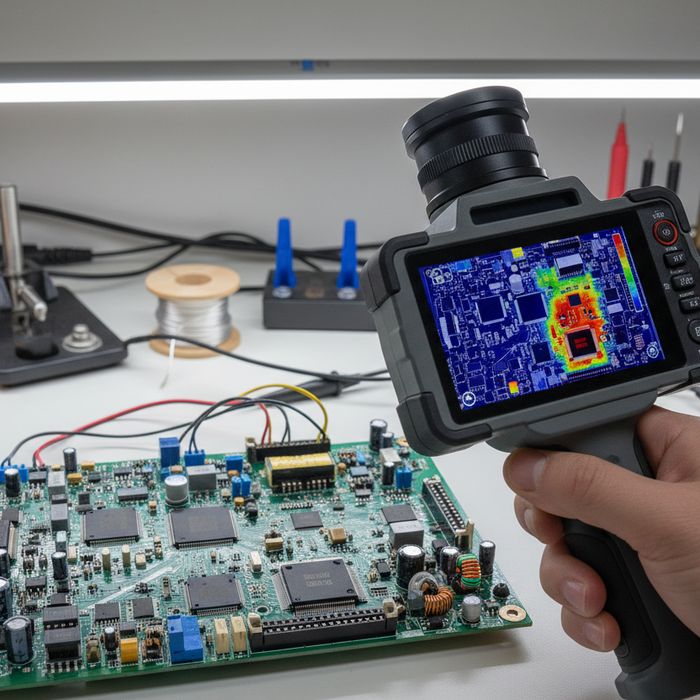 Thermal Camera used for detailed PCB inspection and debugging with temperature readings displayed on the monitor.