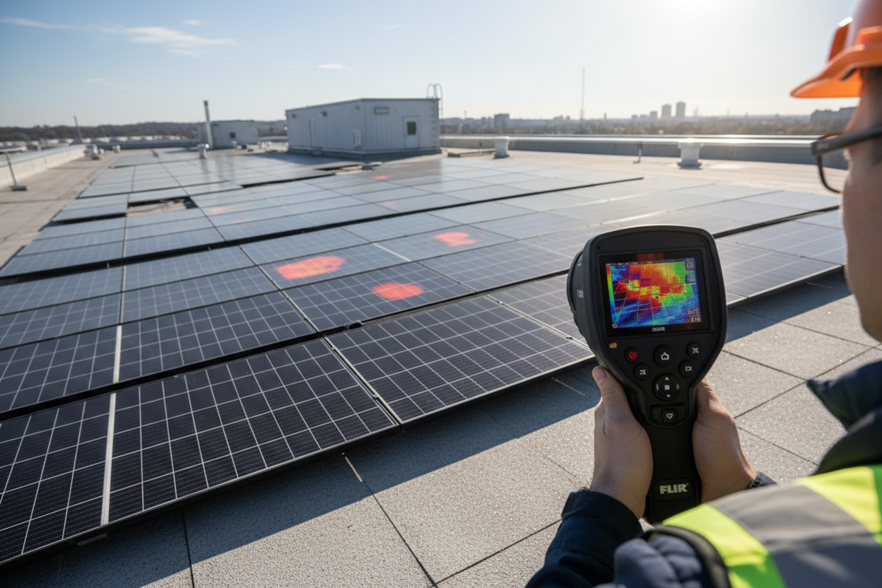 Technician using a thermal camera to inspect rooftop solar panels for hotspots
