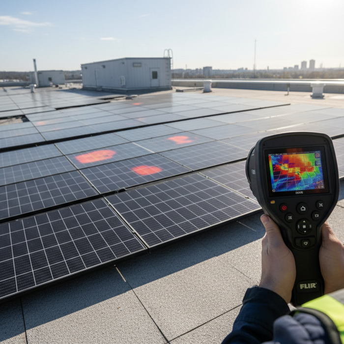 Technician using a thermal camera to inspect rooftop solar panels for hotspots