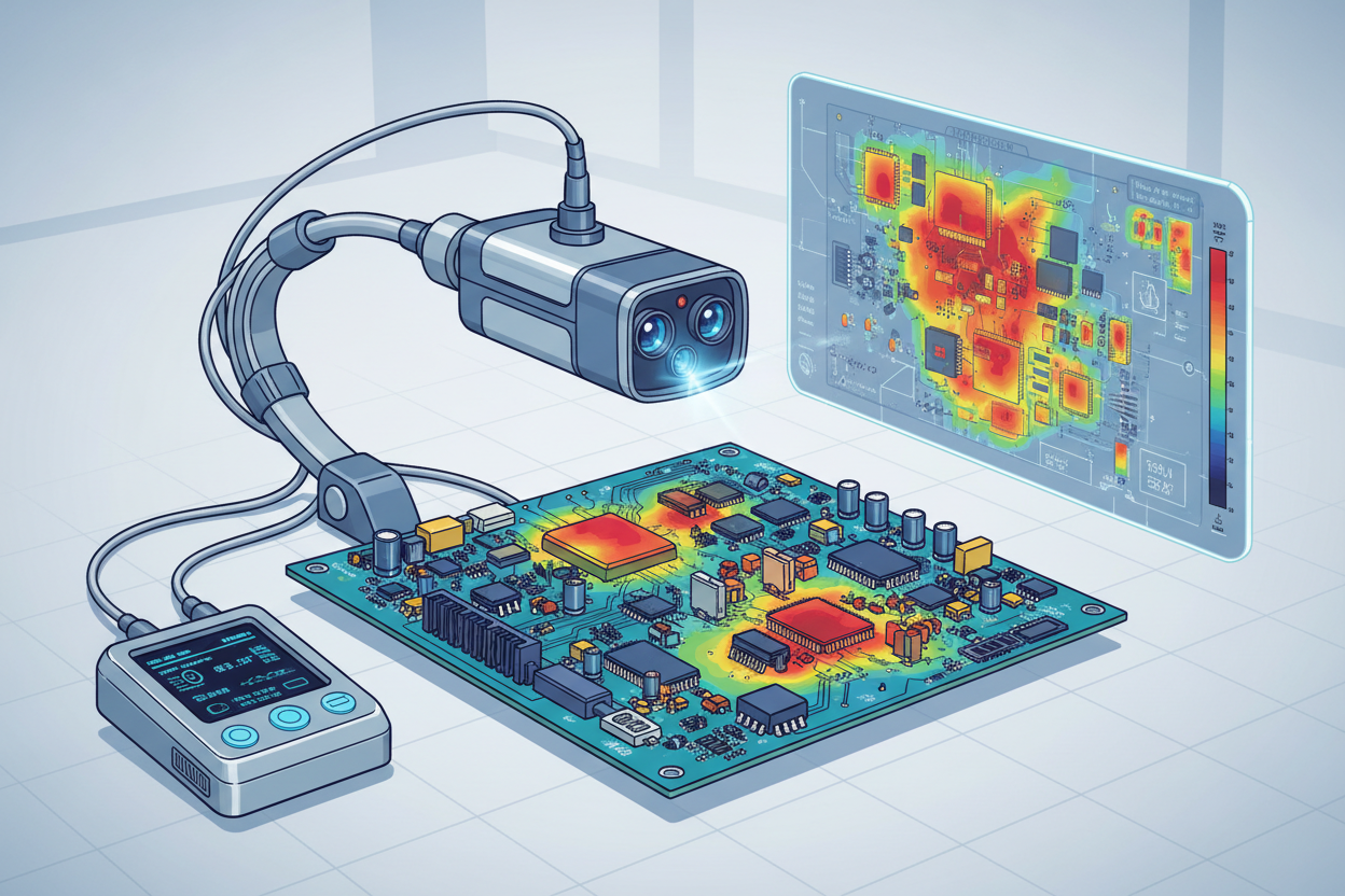 Thermal imaging camera analyzing electronic circuit board for failure detection.
