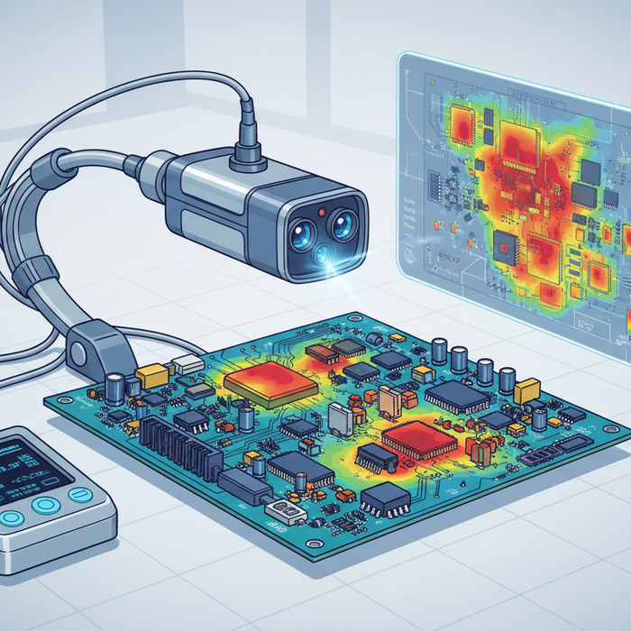 Thermal imaging camera analyzing electronic circuit board for failure detection.