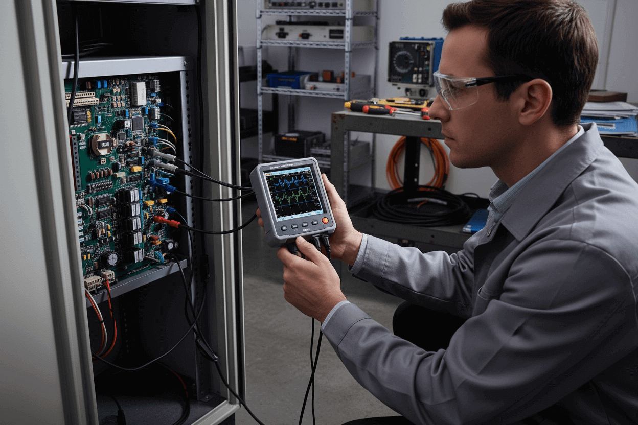 Technician using handheld oscilloscope for electronic equipment testing and troubleshooting