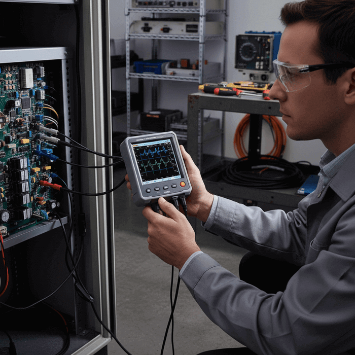 Technician using handheld oscilloscope for electronic equipment testing and troubleshooting
