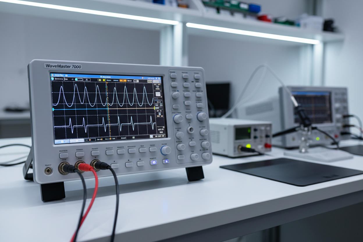 Close-up of a benchtop oscilloscope displaying waveforms in a modern laboratory setup.