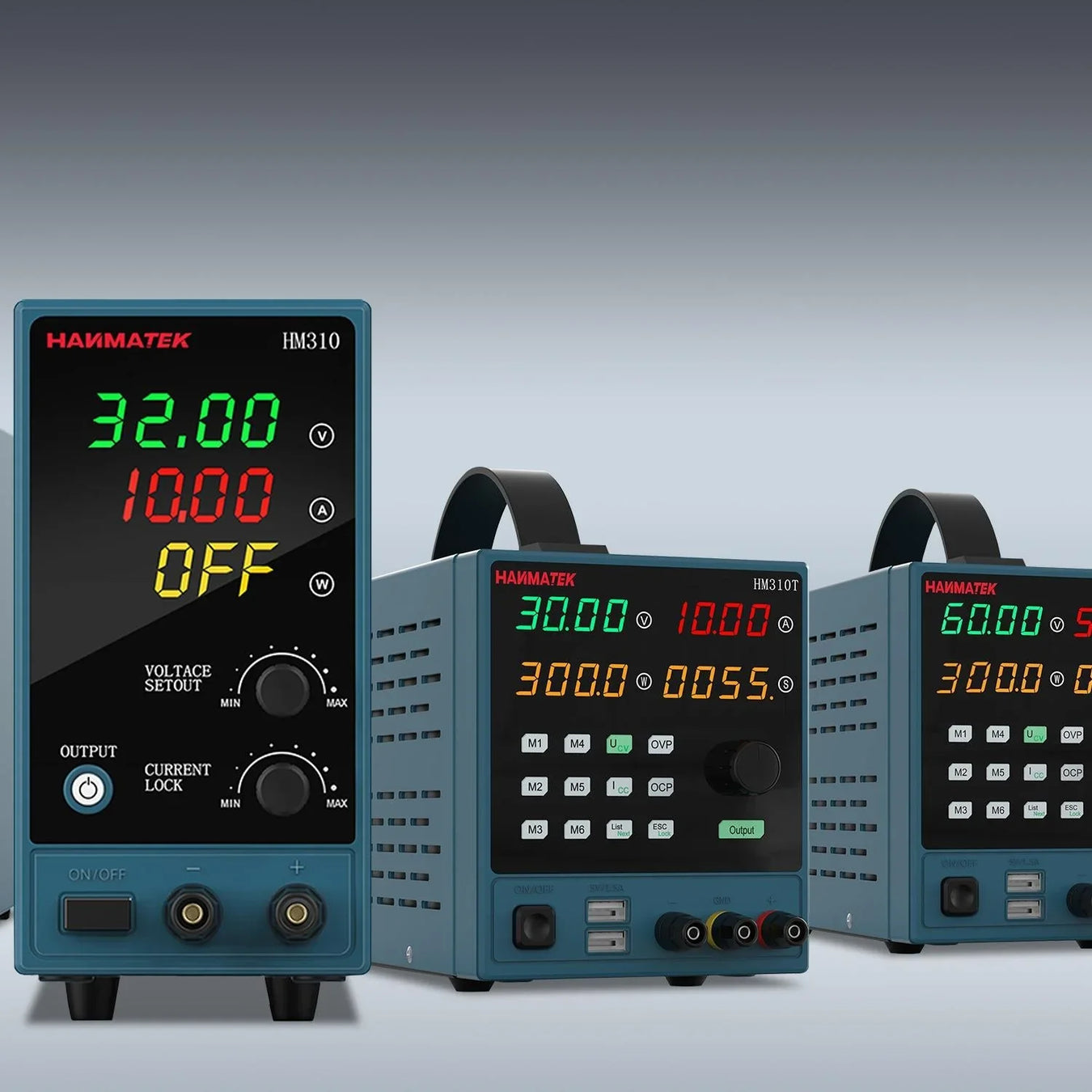 HANMATEK HM Series display featuring digital benchtop power supplies for electronics testing and measurement