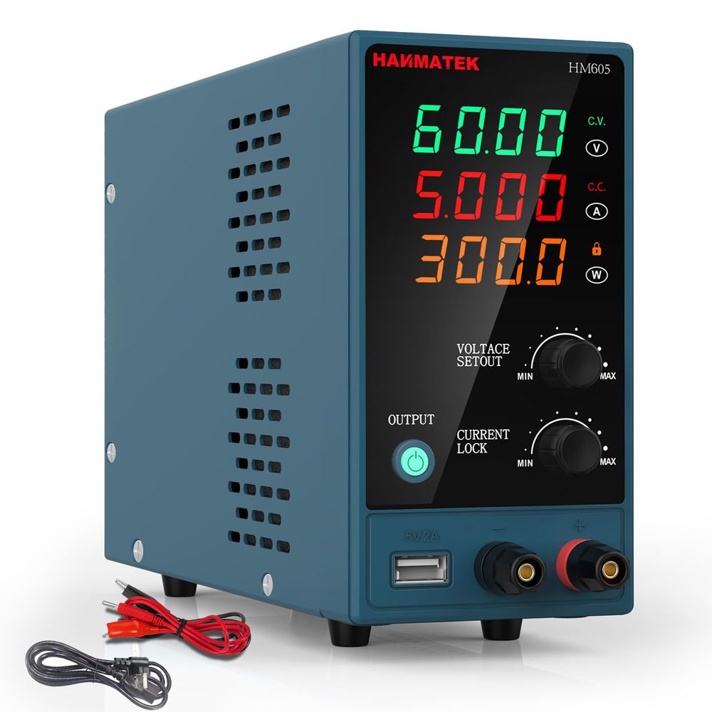 HANMATEK HM Series DC power supply for electronics in a lab setting for circuit board repair and testing