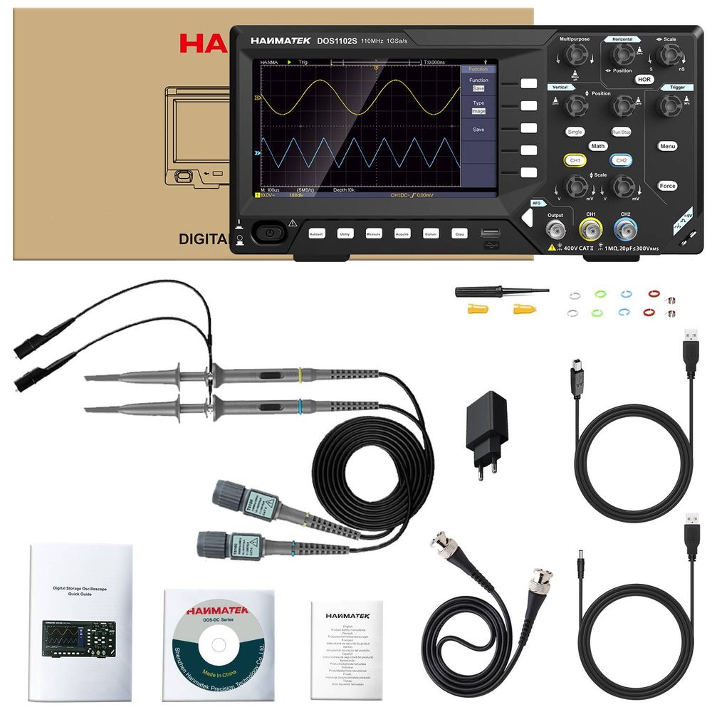 HANMATEK DOS1102S digital oscilloscope for electronics with probes and accessories for precise waveform analysis