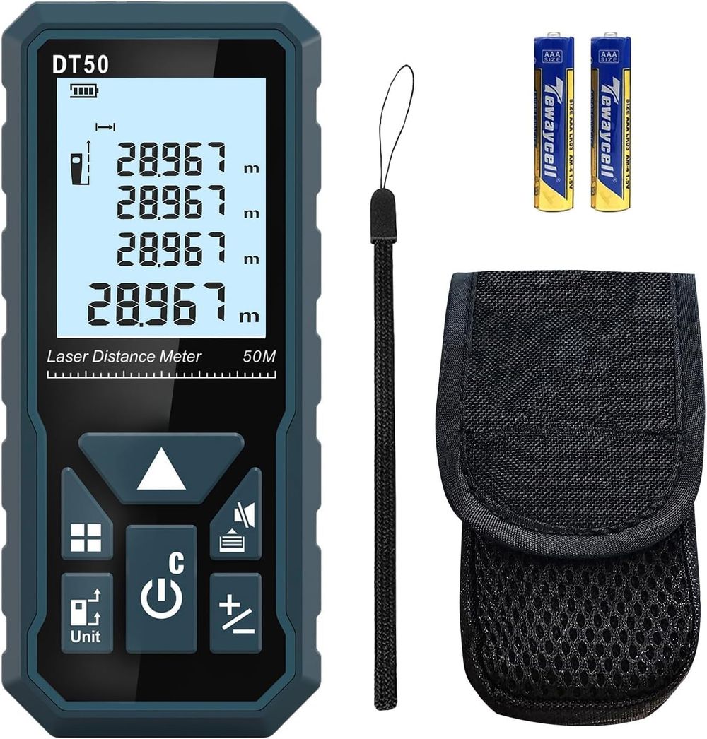 HANMATEK DT50 laser distance meter 50m with digital display, batteries, and carrying pouch for accurate measurements