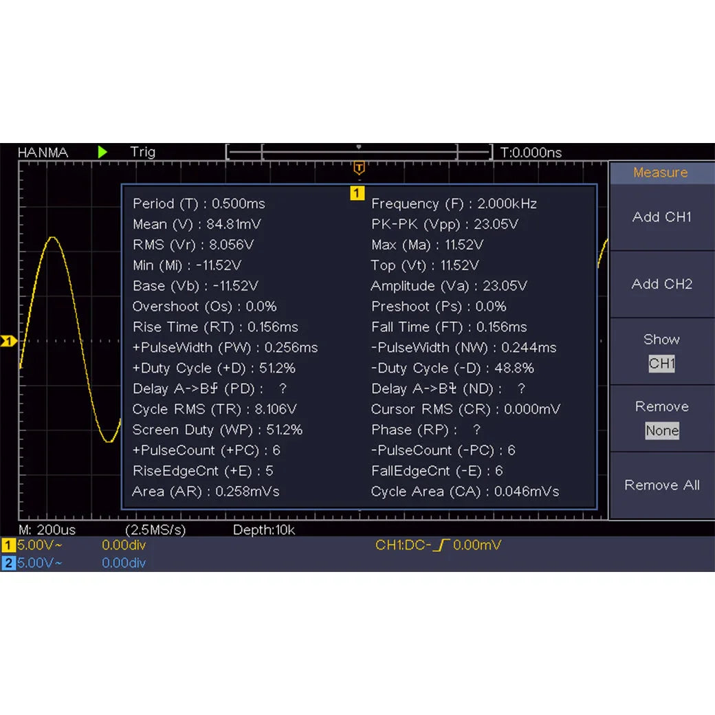 HANMATEK® signal and power analysis instruments displaying waveform data and measurement parameters on an oscilloscope