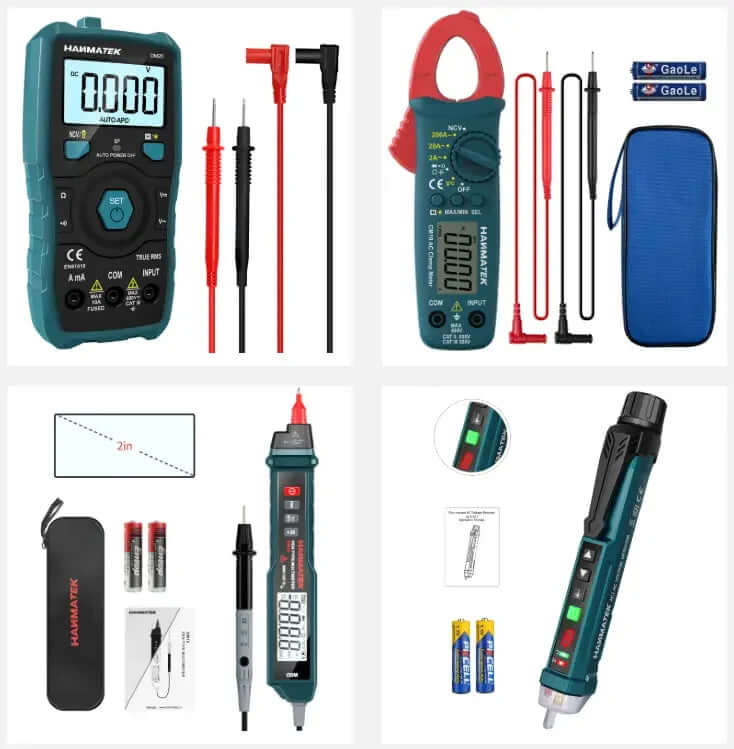 HANMATEK® electrical testing tools collection featuring digital multimeters, clamp meters, and voltage testers