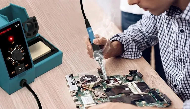 Professional soldering stations featuring the SD2 model with digital display for precise electronics repair