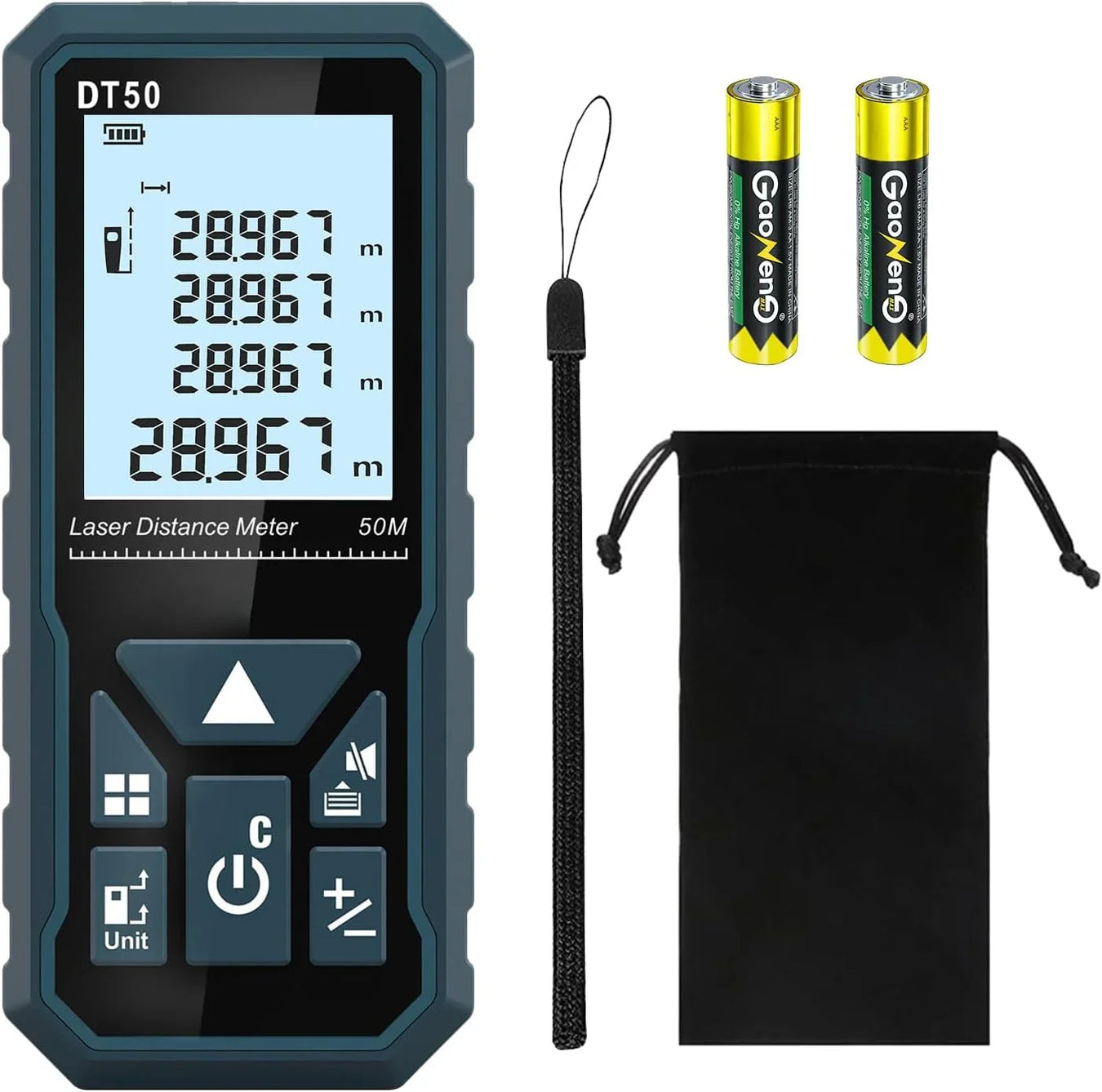 HANMATEK DT50 laser distance meter 50m with digital display, batteries, and carrying pouch for accurate measurements