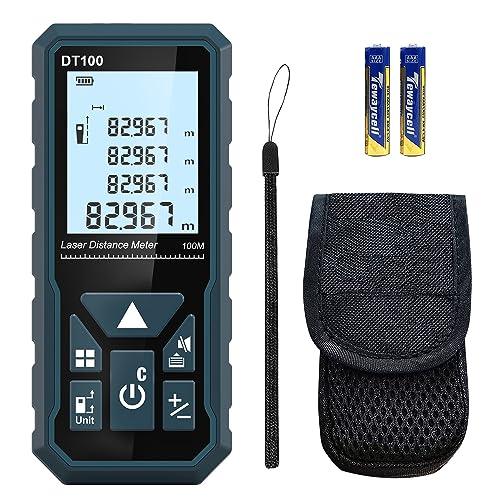 DT100 Laser Distance Meter 100m with high-precision readings, batteries, and carrying case for easy measurement tasks