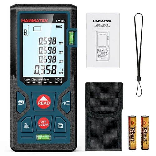 HANMATEK® LM100 laser distance meter featuring a backlit screen, measuring modes, and compact design for precision measurement