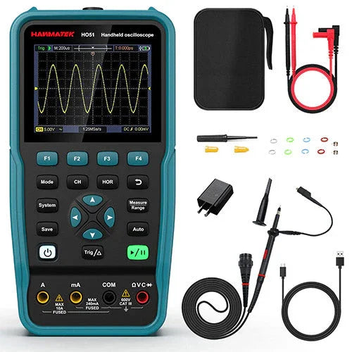 HANMATEK HO51 handheld oscilloscope for signal analysis with clear display and accessories for precise diagnostics