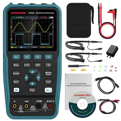 Compact 3-in-1 oscilloscope multimeter generator with a clear display and multiple measurement functions.