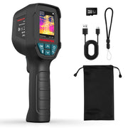 HANMATEK Ti240 thermal camera with display screen, USB cable, wrist strap, and carrying pouch