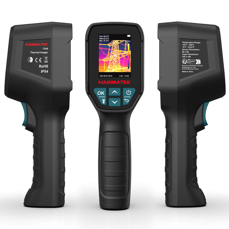 HANMATEK Ti240 Thermal Camera imaging tool showing front and side views with screen display.