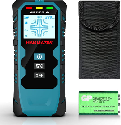 HANMATEK SF4 Wall Scanner with digital display, carrying case, and battery for easy stud detection.