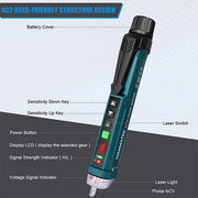 Hanmatek AC2 Voltage Tester features, including buttons and indicators for user-friendly voltage detection.