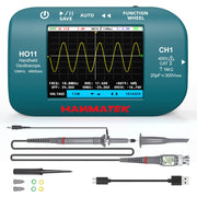 Handheld oscilloscope ho11 with labeled features on a white background