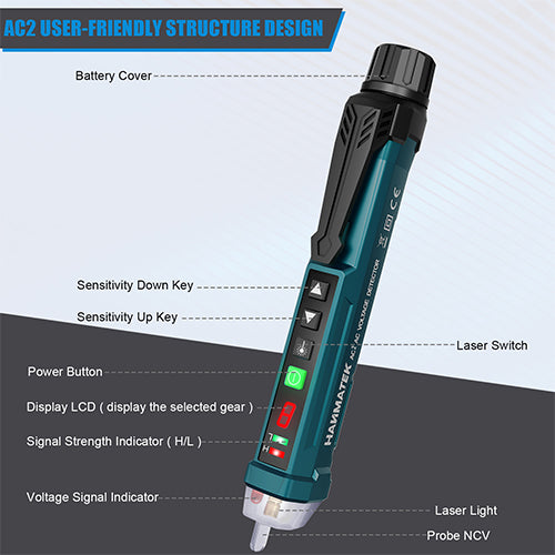 Hanmatek AC2 Voltage Tester features, including buttons and indicators for user-friendly voltage detection.