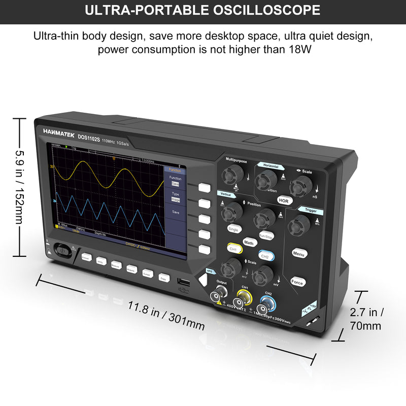 Side view of HANMATEK DOS1102S digital oscilloscope