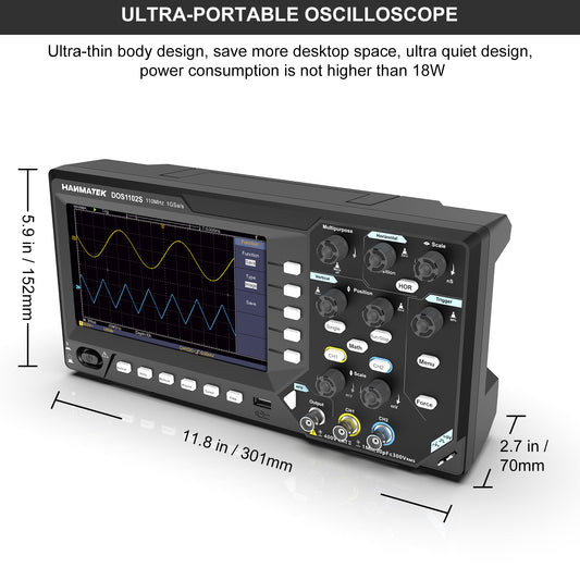 Side view of HANMATEK DOS1102S digital oscilloscope