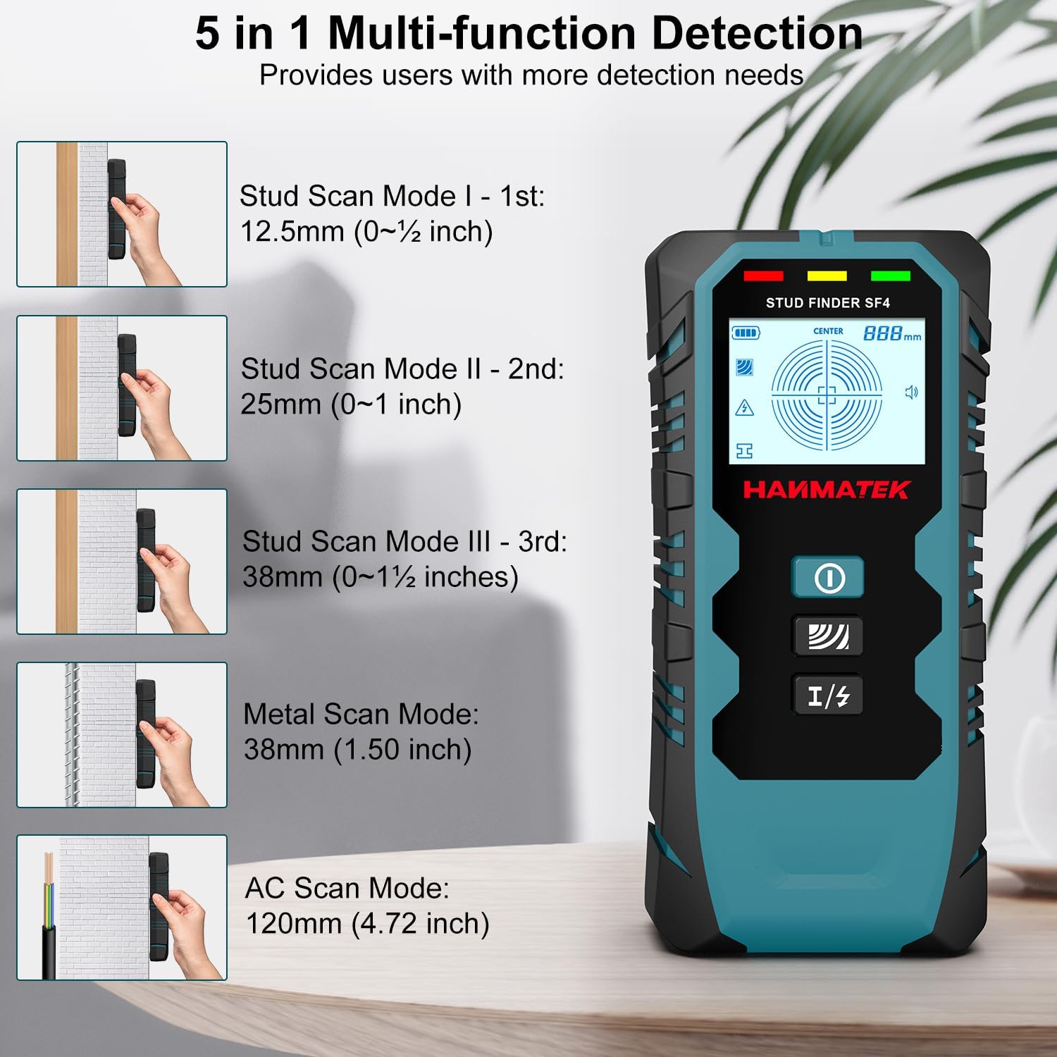 HANMATEK SF4 Wall Scanner displaying 5 in 1 multi-function detection modes for professional and home use.