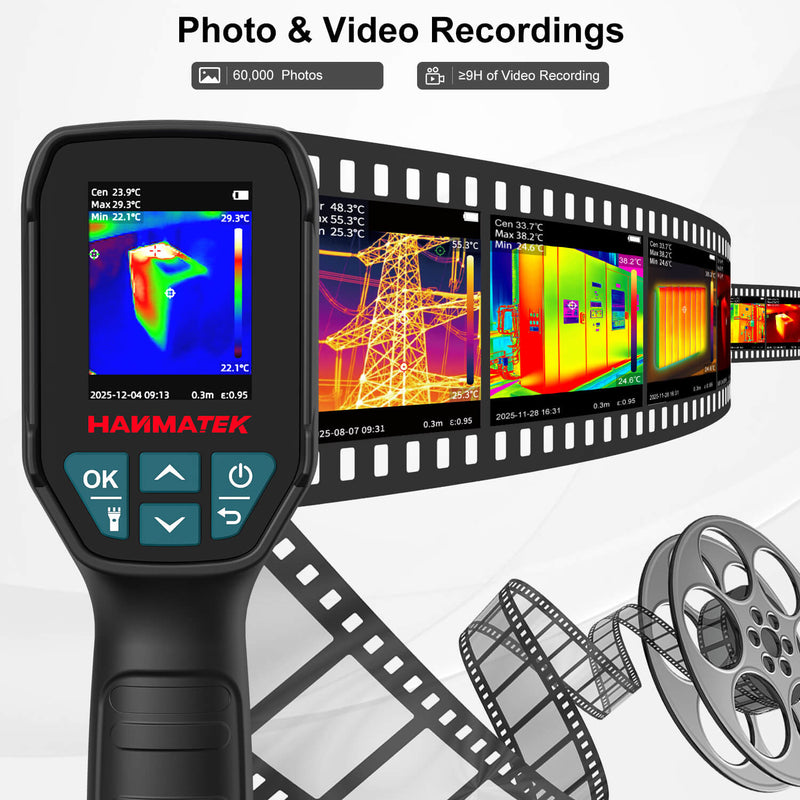 HANMATEK Ti240 thermal camera with photo and video recordings displayed on a film strip.