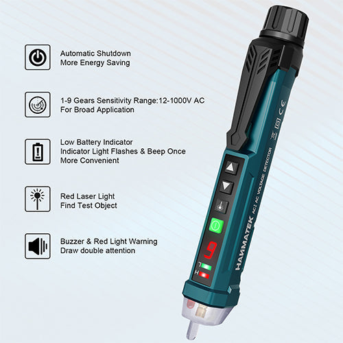 Hanmatek AC2 Non-Contact Voltage Tester with automatic shutdown, sensitivity range, and LED indicators for safety and convenience.