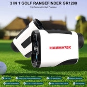 Hammatek 3-in-1 golf rangefinder GR1200 on a golf course with a blurred background
