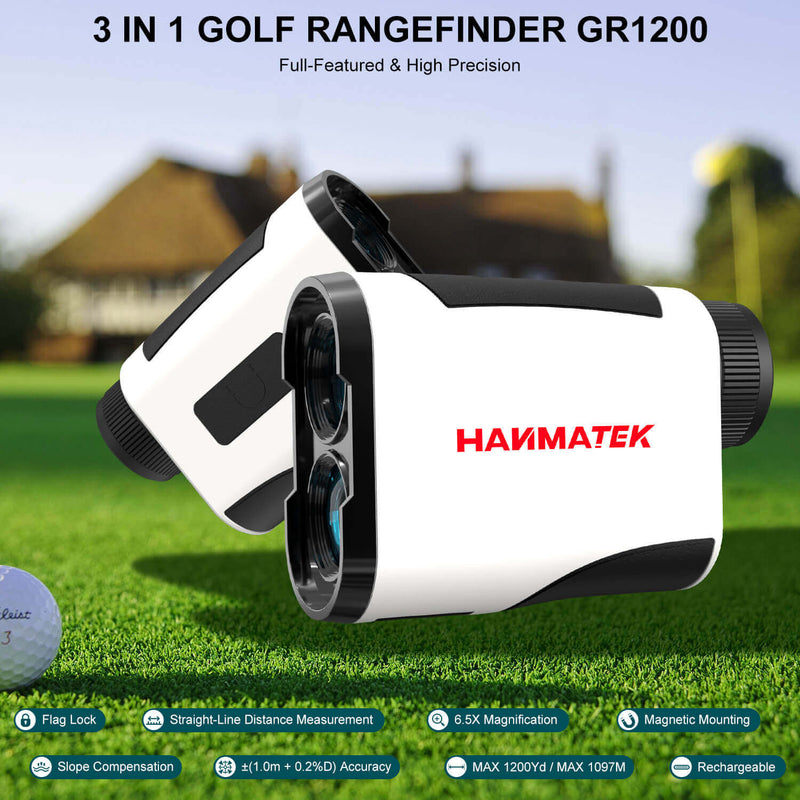 Hammatek 3-in-1 golf rangefinder GR1200 on a golf course with a blurred background