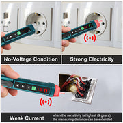 Hanmatek AC2 Voltage Tester showing no voltage, strong electricity, and weak current conditions with LED indicators.
