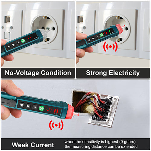 Hanmatek AC2 Voltage Tester showing no voltage, strong electricity, and weak current conditions with LED indicators.