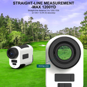 Golf rangefinder with aiming line feature on a golf course background