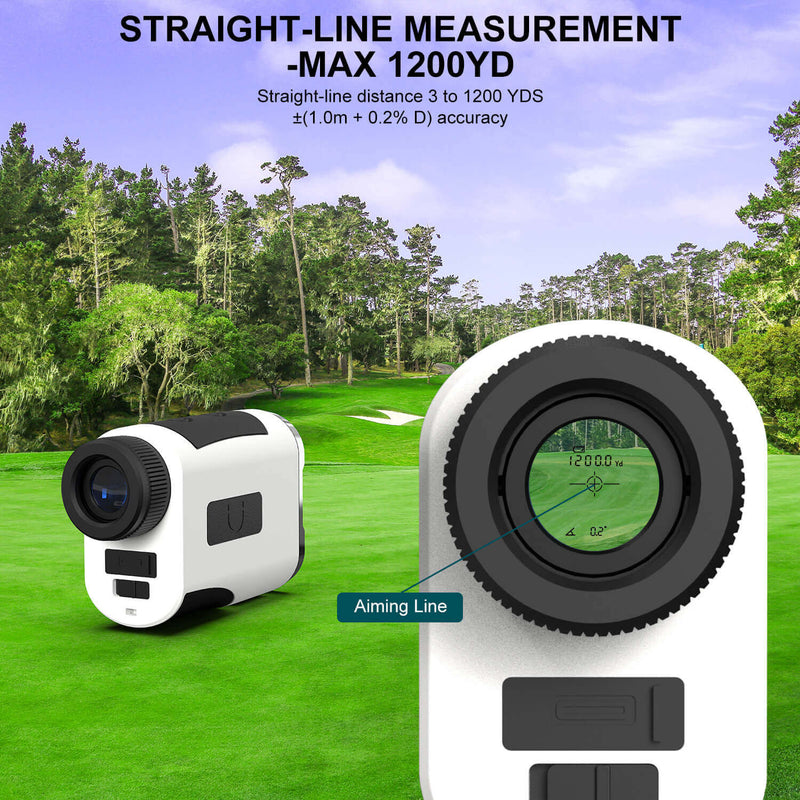 Golf rangefinder with aiming line feature on a golf course background