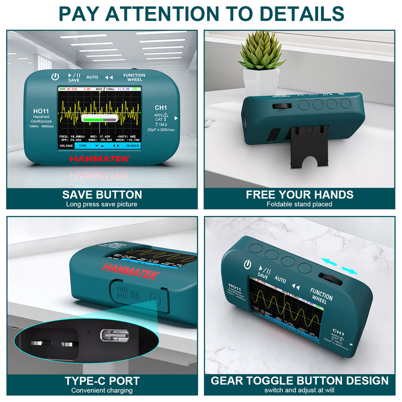 Teal electronic device with display and buttons, featuring the brand 'HANMATEK'.